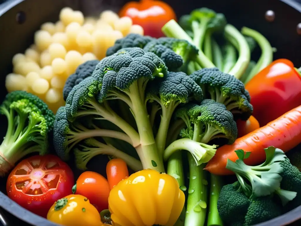 Deliciosas recetas veganas al vapor con vibrantes verduras en un bambú, creando una atmósfera fresca y sencilla