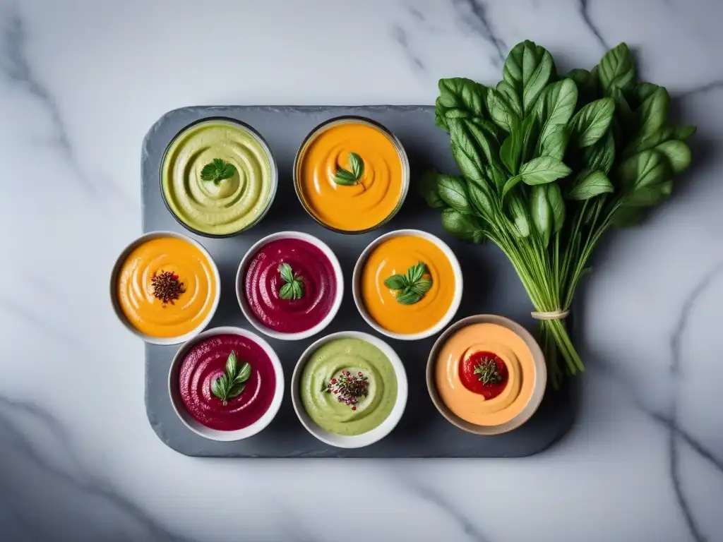 Deliciosas salsas veganas sin aceite en elegantes cuencos de vidrio en un elegante mostrador de mármol, bajo suave iluminación natural