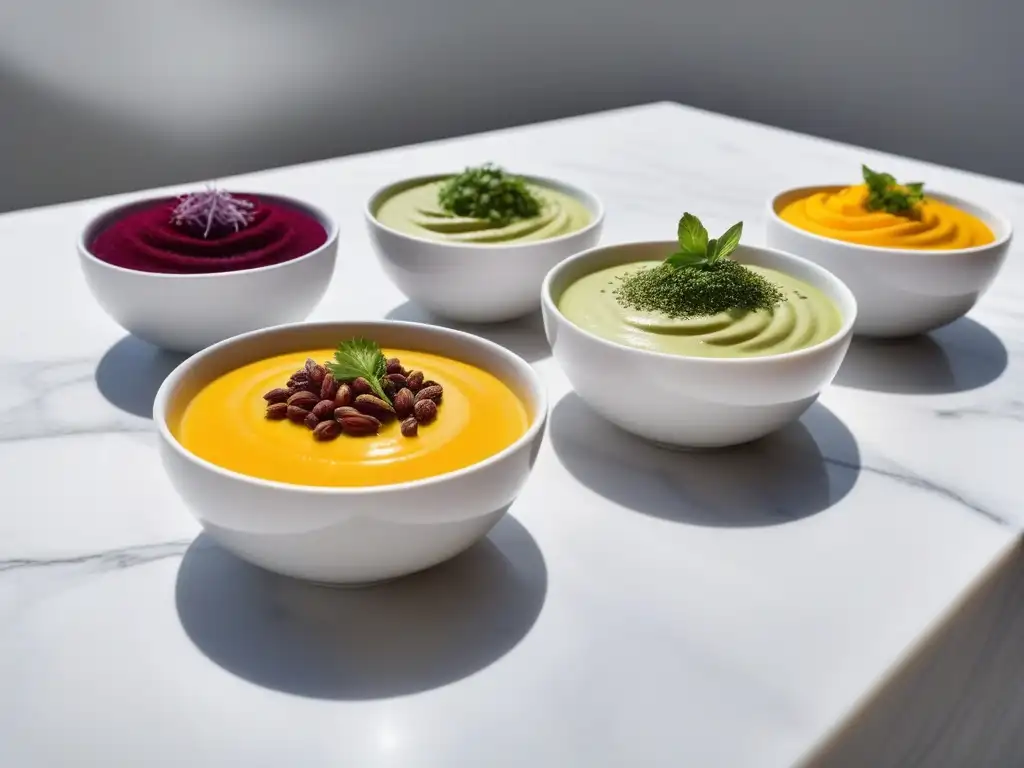 Deliciosas salsas veganas crudas en variados colores y texturas sobre mármol blanco