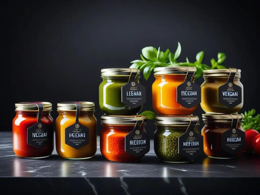 Deliciosas salsas veganas en frascos de vidrio, con hierbas frescas y especias, sobre encimera de mármol oscuro