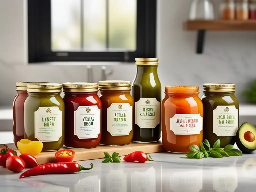 Deliciosas salsas veganas para platos americanos, presentadas con elegancia en frascos de vidrio sobre una encimera de mármol