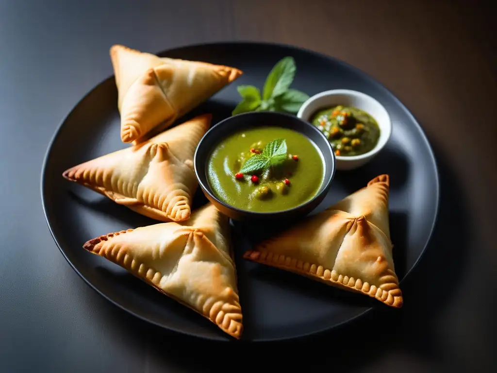 Deliciosas samosas veganas doradas y crujientes en plato negro, con chutney de menta