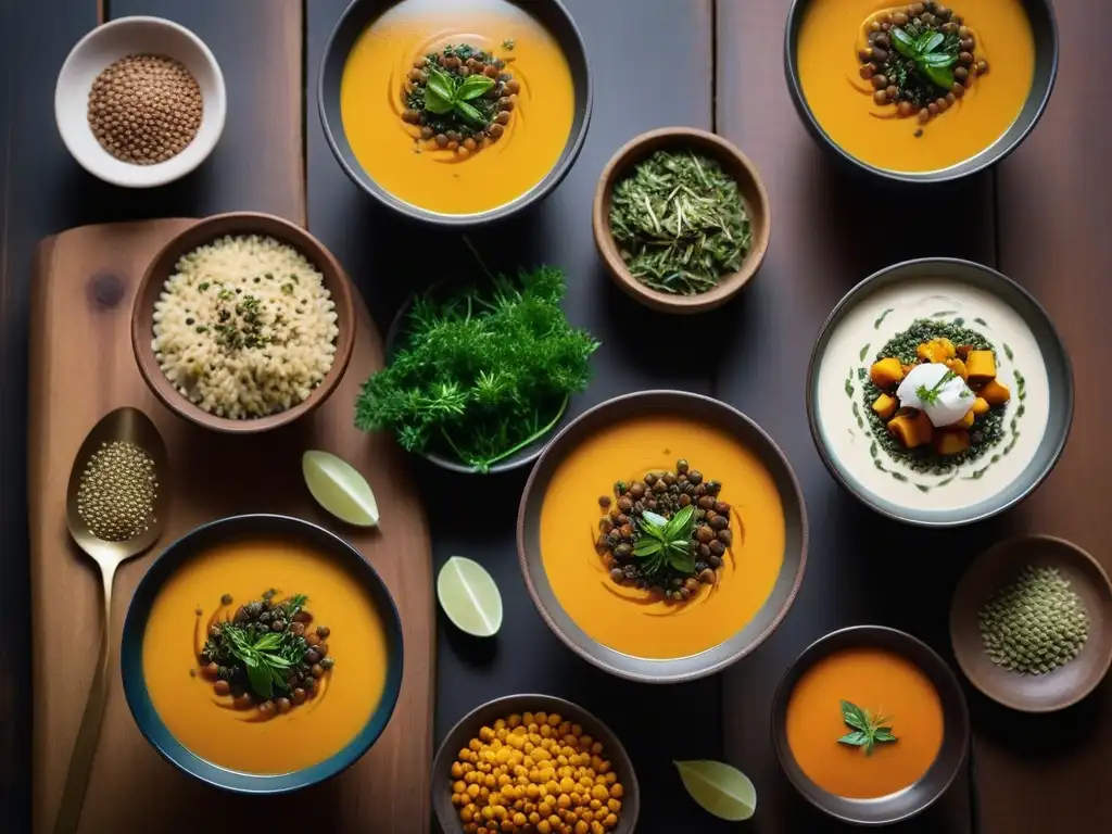 Deliciosas sopas veganas sin aceite en cuencos de cerámica, decoradas con hierbas frescas y leche de coco, sobre mesa de madera rústica