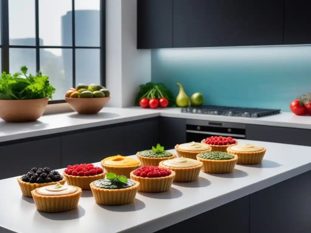 Deliciosas tartas y quiches veganas en una cocina moderna, colorida y apetitosa bajo la luz natural