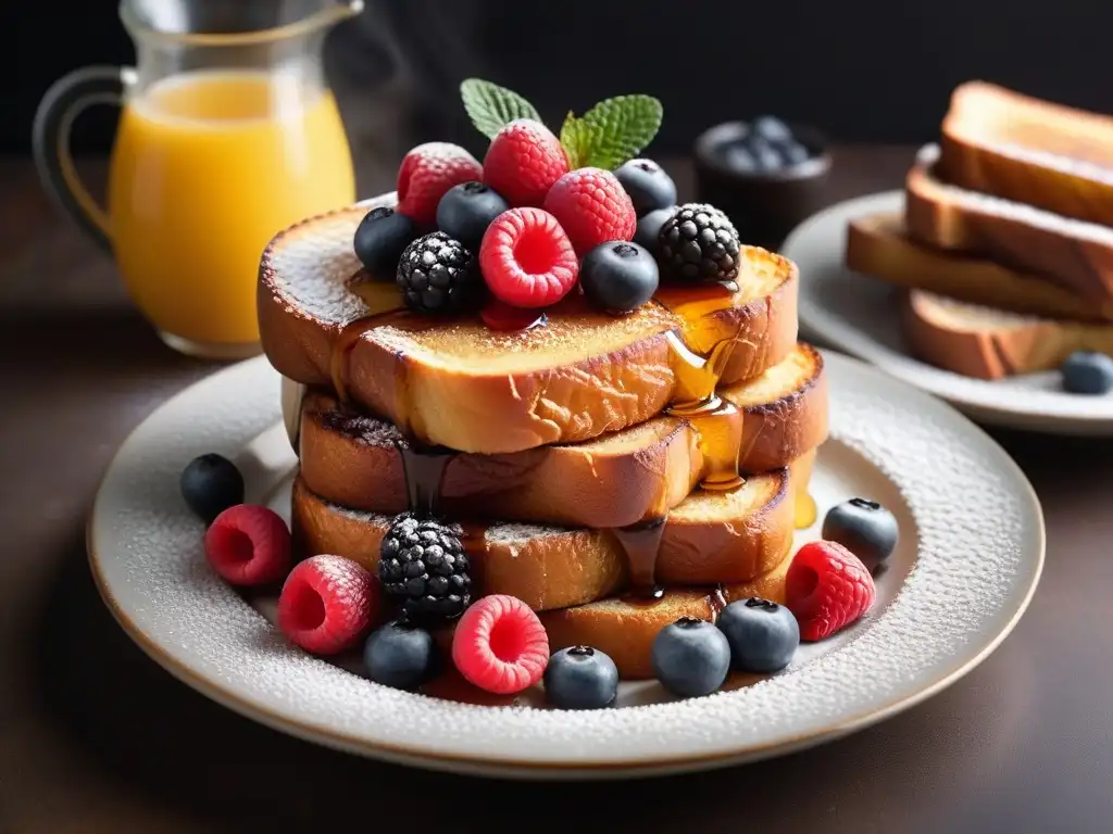 Deliciosas tostadas francesas veganas sin gluten, cubiertas de bayas frescas y sirope de arce, listas para disfrutar