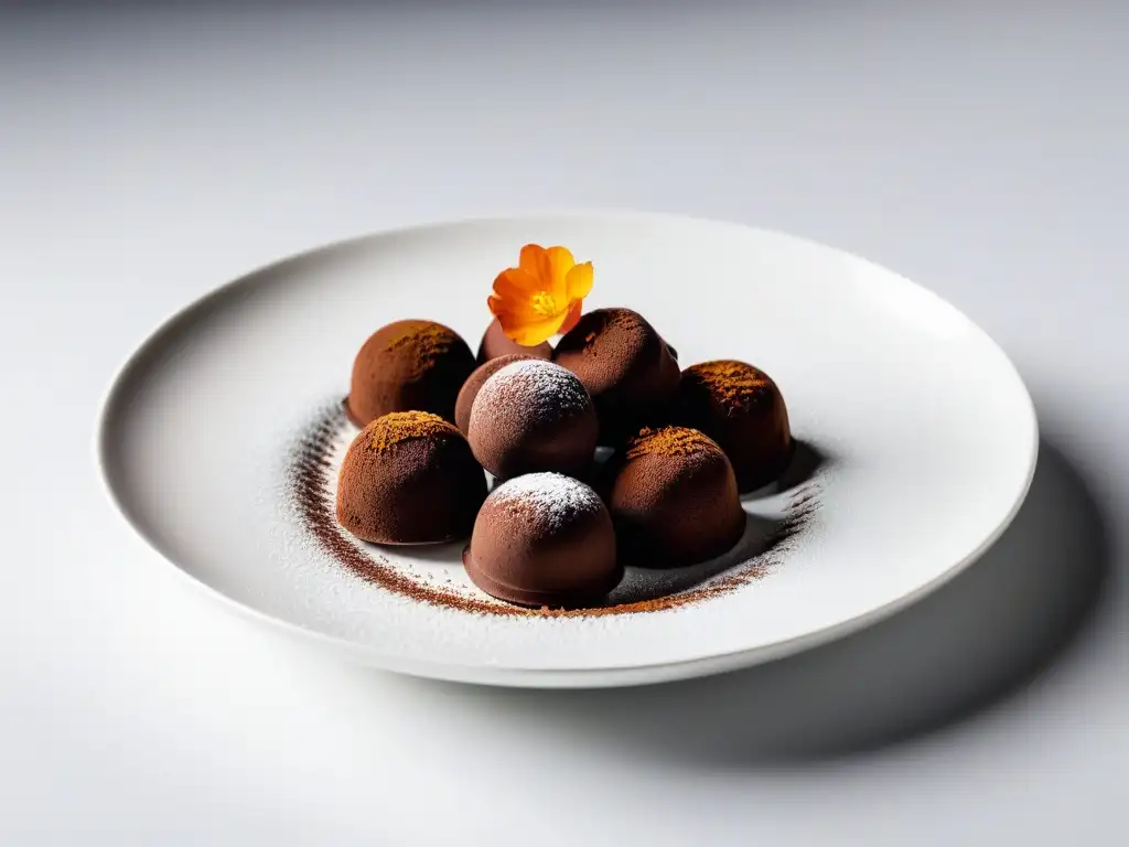 Deliciosas trufas veganas de chocolate en plato blanco con flores comestibles