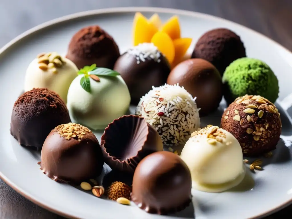 Deliciosas trufas veganas decoradas con nueces trituradas, coco rallado y cacao en polvo, listas para saborear