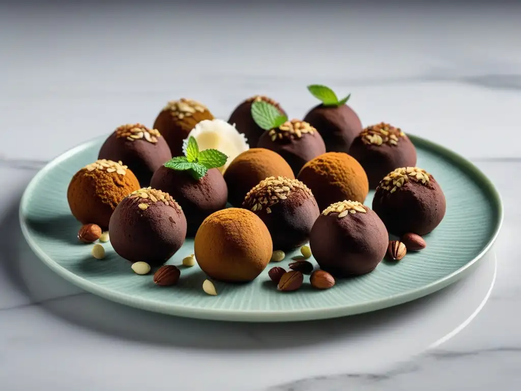 Deliciosas trufas veganas decoradas con cacao, nueces y coco, en un elegante plato moderno