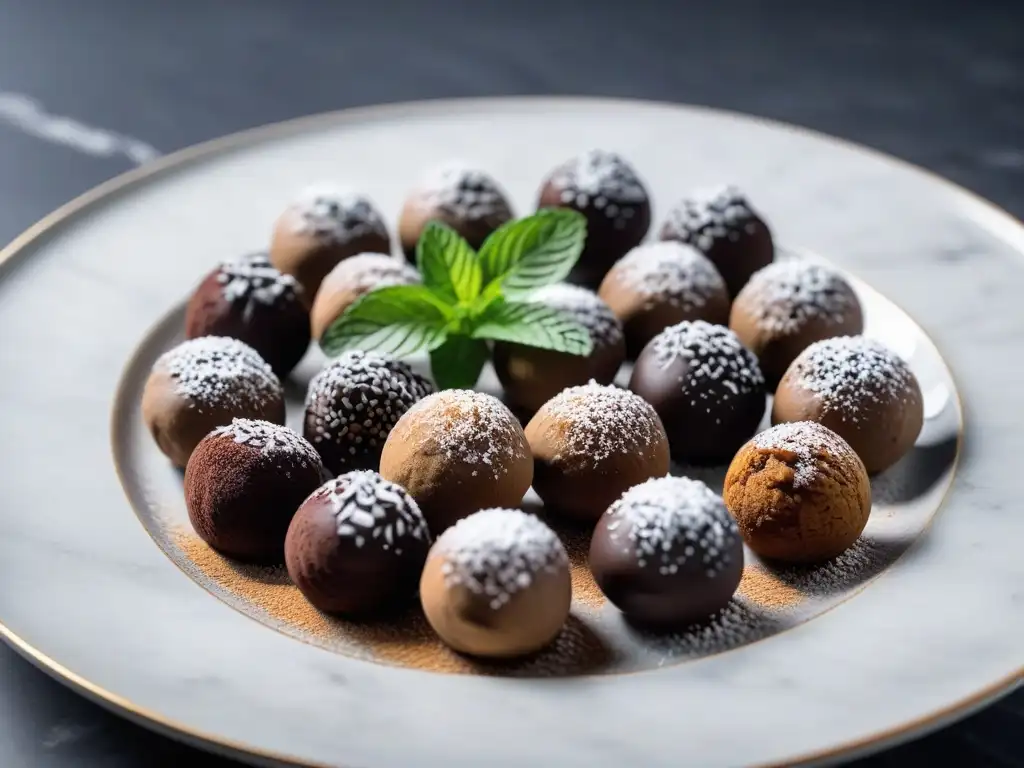 Deliciosas trufas veganas en plato de mármol con decoración exquisita