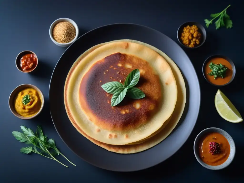 Deliciosas variantes veganas de Masala Dosa con chutneys y sambar, en un montaje elegante