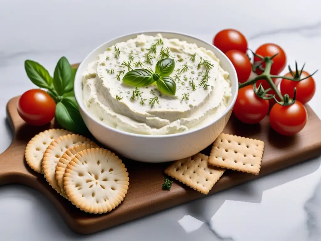 Deliciosas variedades de queso crema vegano en tablero de mármol con hierbas frescas, tomates cherry y galletas artesanales