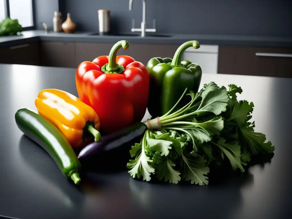 Deliciosas verduras frescas y coloridas dispuestas en patrón atractivo en cocina moderna