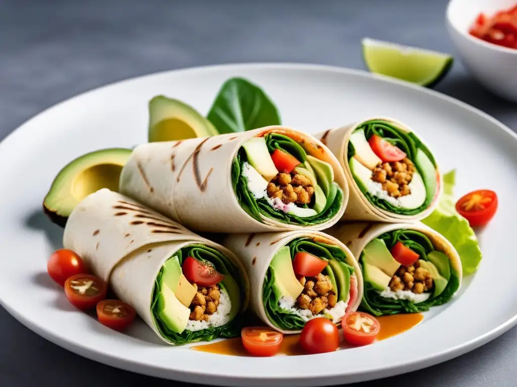 Deliciosas wraps veganas adornadas con salsas veganas para wraps, ingredientes frescos y coloridos, presentadas en un plato blanco