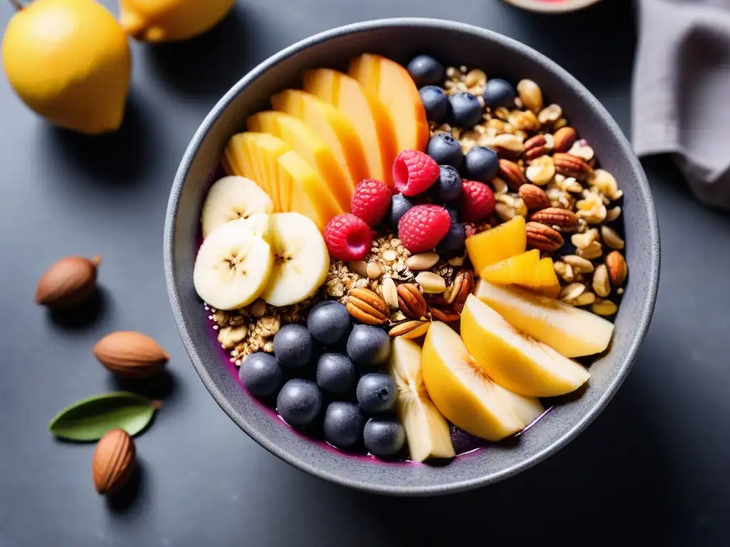 Delicioso açaí bowl vegano para deportistas, rodeado de ingredientes coloridos y frescos en un elegante mostrador de mármol