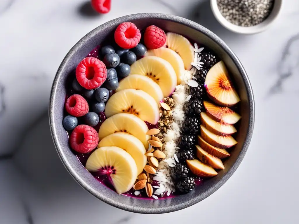 Delicioso acai bowl vegano con superalimentos, bayas frescas y semillas, en elegante encimera de mármol