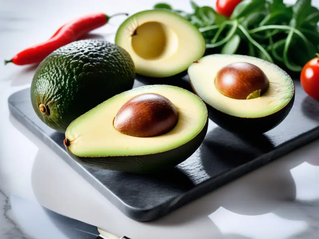 Un delicioso aguacate en una composición colorida con vegetales frescos