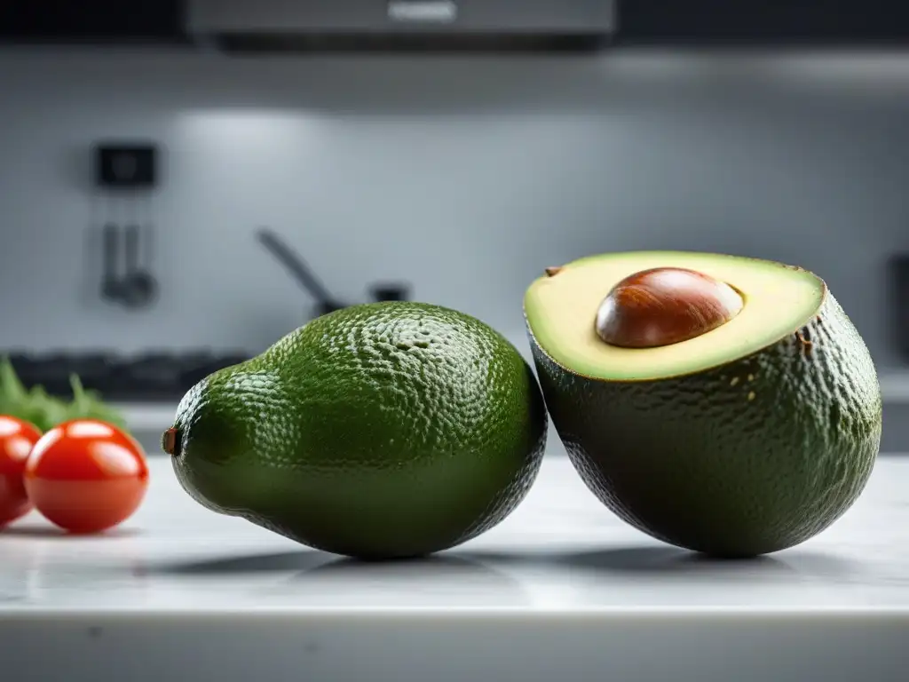 Delicioso aguacate en recetas veganas, en una cocina moderna con tomates cherry y hierbas frescas