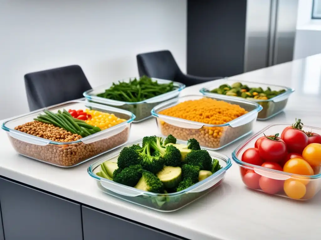 Delicioso almuerzo vegano en envases preparados, organizados en una cocina moderna