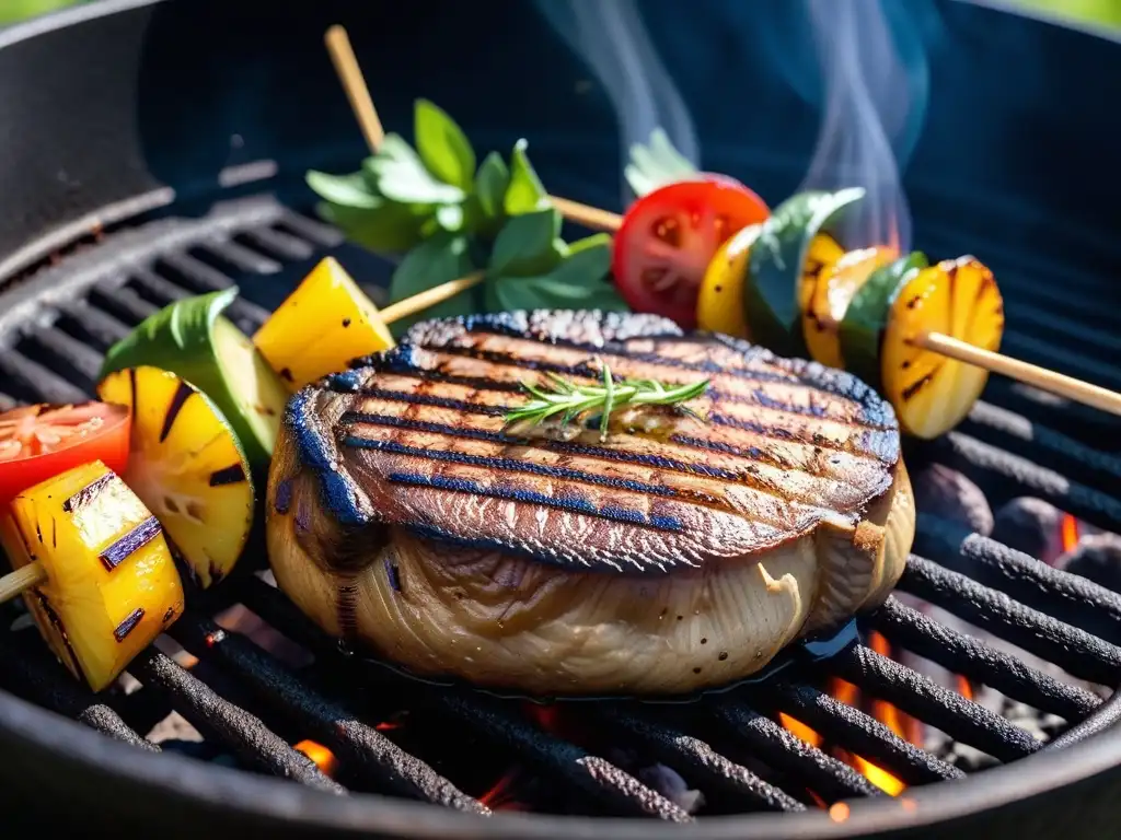 Delicioso asado vegano: portobello jugoso y vegetales caramelizados en parrilla negra