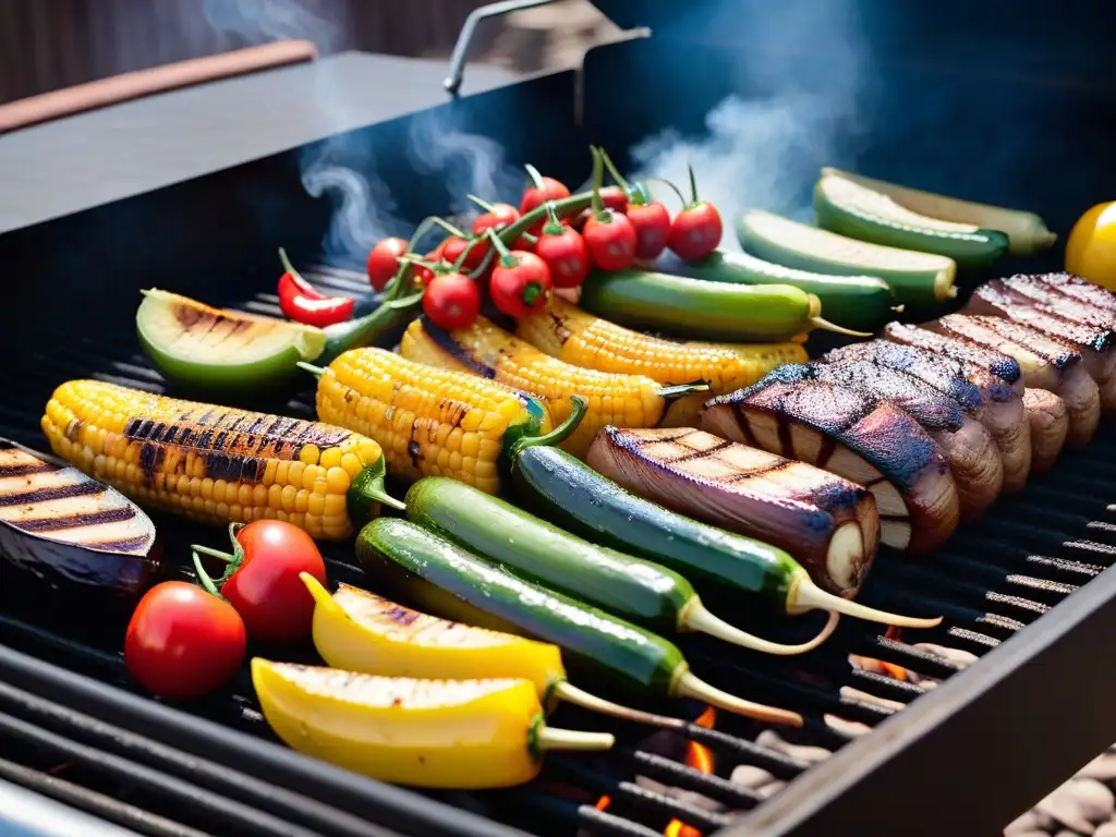 Delicioso asado vegano con texturas y sabores vibrantes en la parrilla