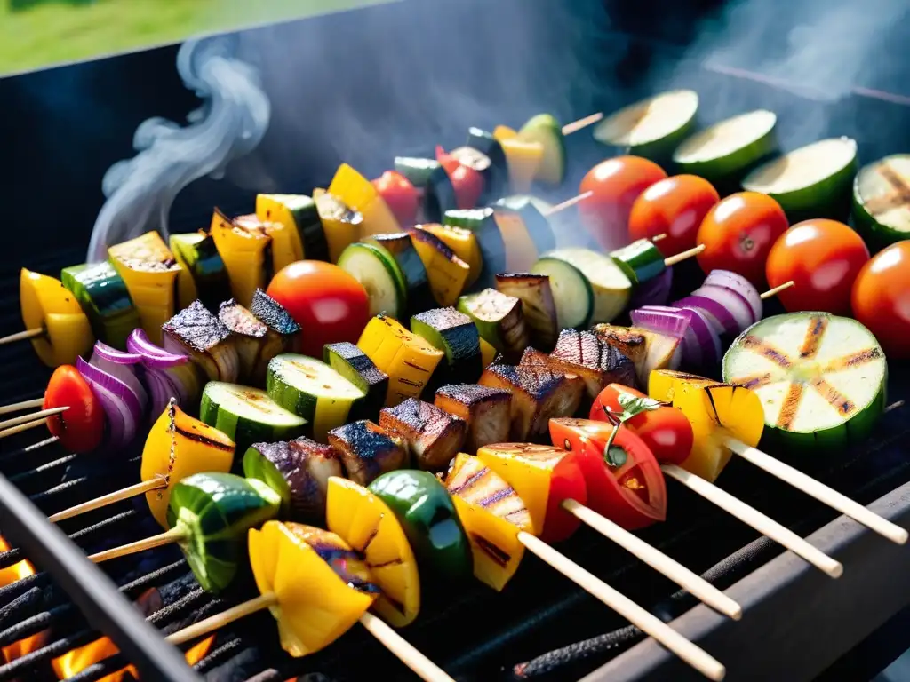 Delicioso asado vegano con variedad de vegetales en brochetas, asándose en la parrilla al aire libre