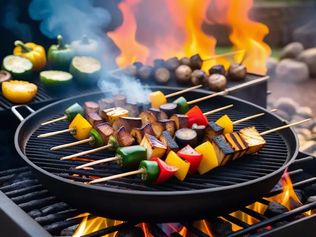 Delicioso asado vegano: verduras y tofu en la parrilla, creando una mezcla de texturas y sabores bajo el atardecer de verano