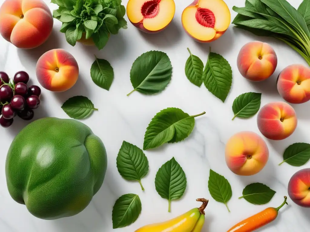 Delicioso banquete vegano: frutas y verduras frescas en una encimera de mármol blanco