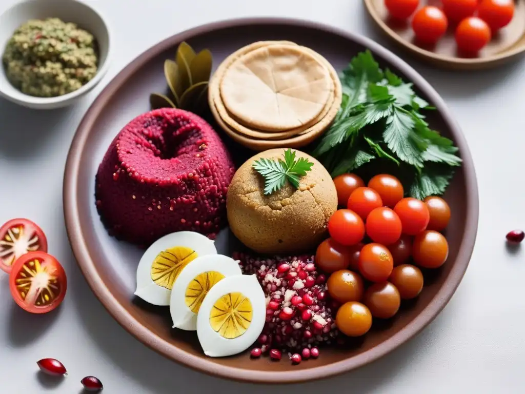 Delicioso banquete vegano medioriental: hummus de remolacha, baba ganoush, tabulé, falafel, hojas de parra y pan pita