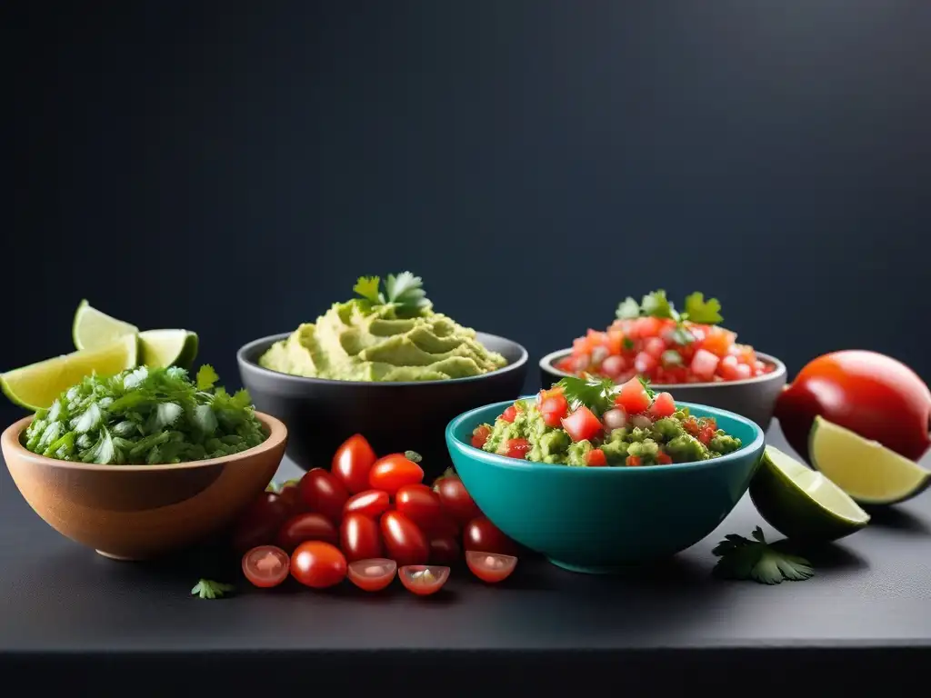 Delicioso bar de salsas veganas con sabor latino: guacamole, pico de gallo y cilantro, decorado con lima y cilantro fresco