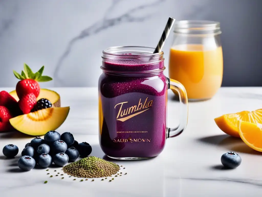 Un delicioso batido morado de açai con superfoods y frutas frescas en frasco moderno