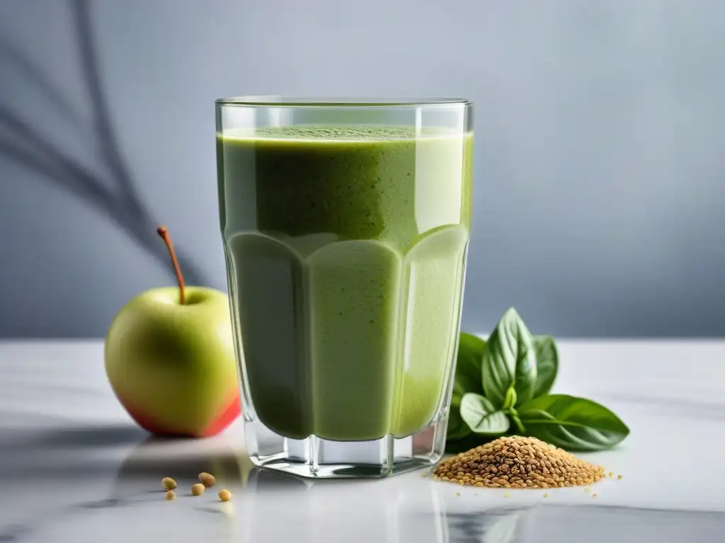 Delicioso batido vegano energético con superfoods en vaso de cristal sobre encimera de mármol