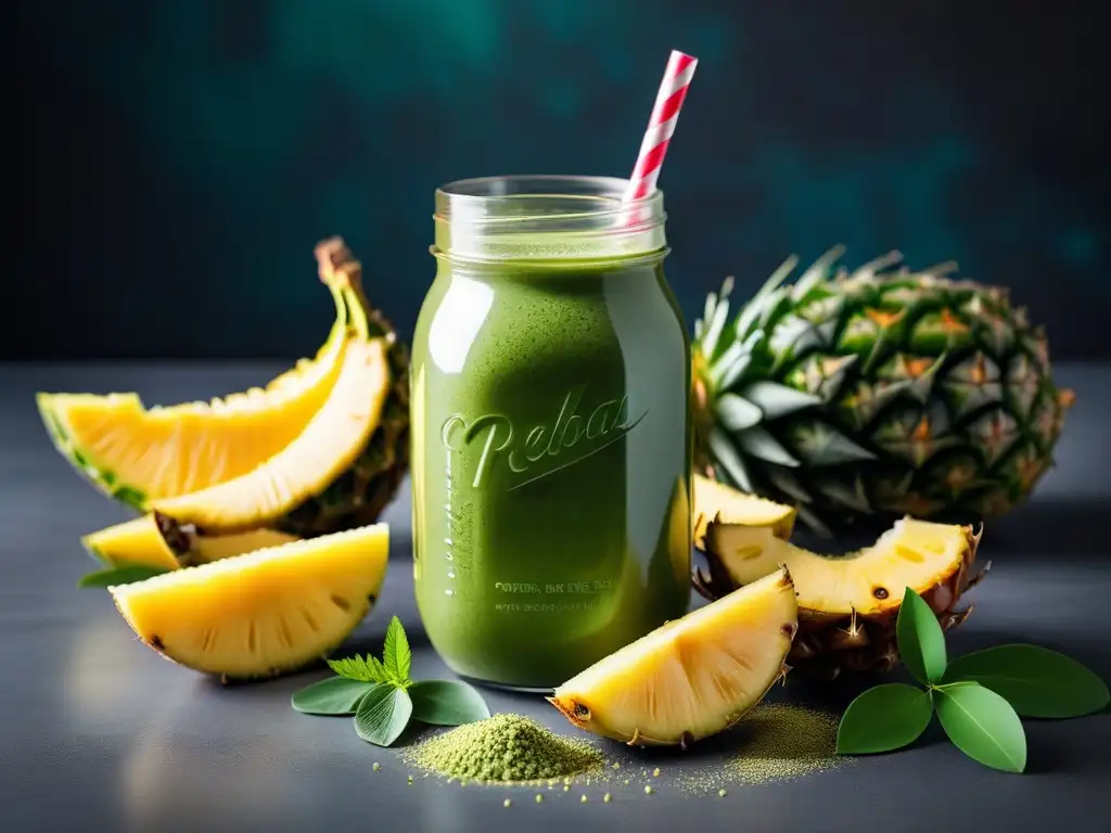 Delicioso batido vegano superfood energizante con piña fresca y polvo de moringa en un tarro de cristal en una cocina moderna