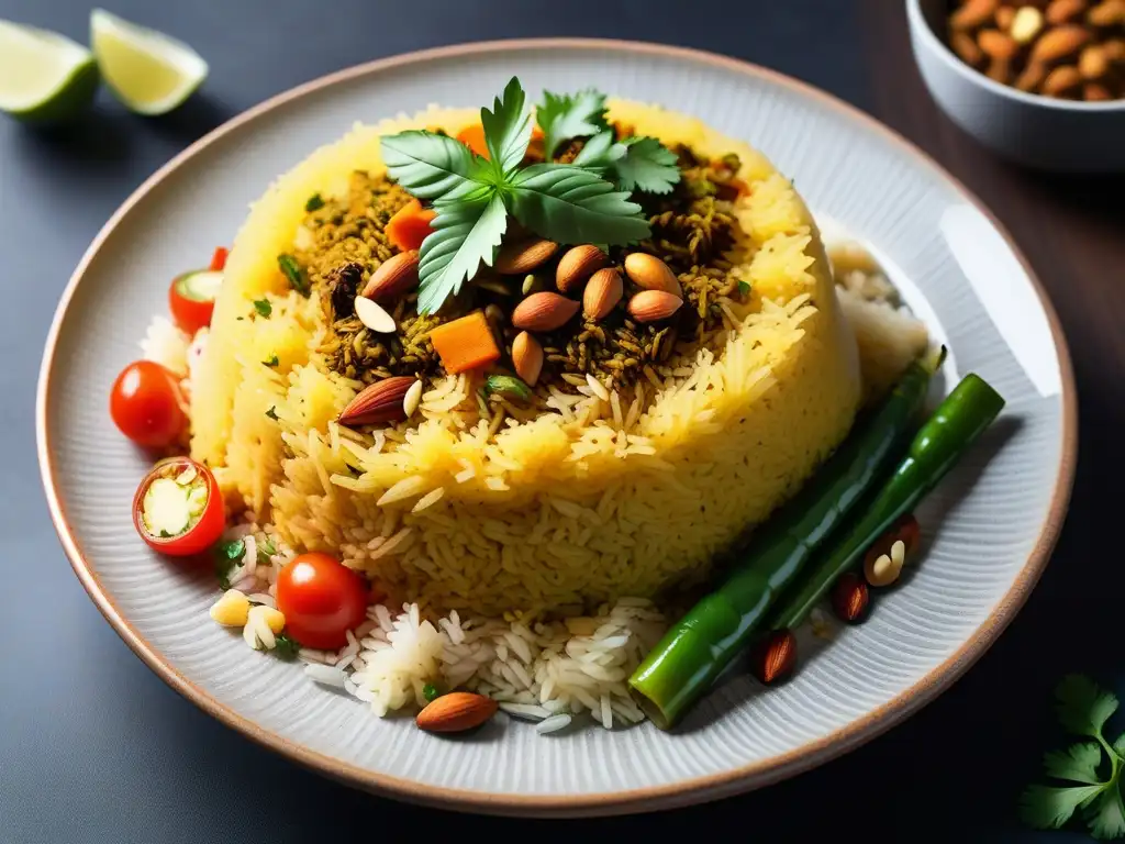 Un delicioso Biryani vegano exótico, con arroz basmati, verduras, especias y cilantro fresco en un plato moderno