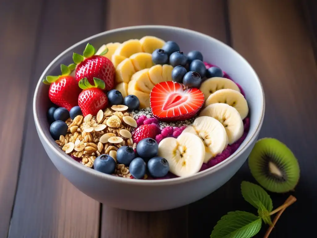 Un delicioso bol de açai vegano con frutas frescas y crujientes, evocando frescura y salud