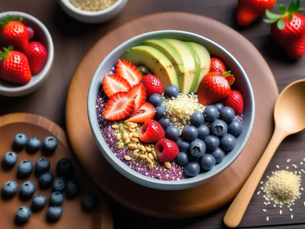 Un delicioso bol de açaí vegano con semillas omega y frutas frescas en una mesa de madera