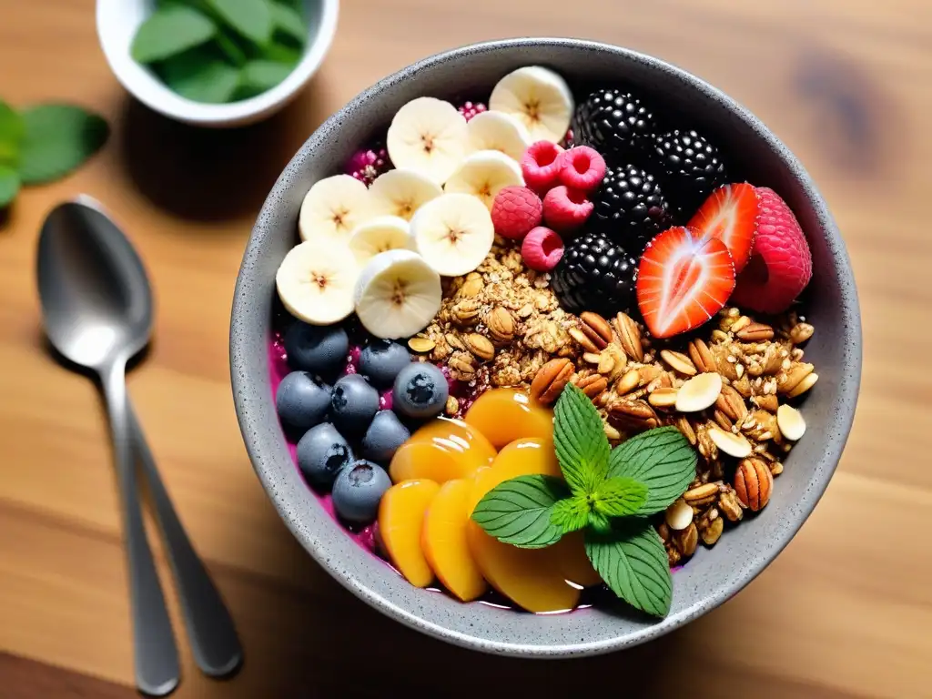 Un delicioso bol de açaí vegano con granola, semillas de chía, bayas frescas, coco y miel, rodeado de hojas de menta