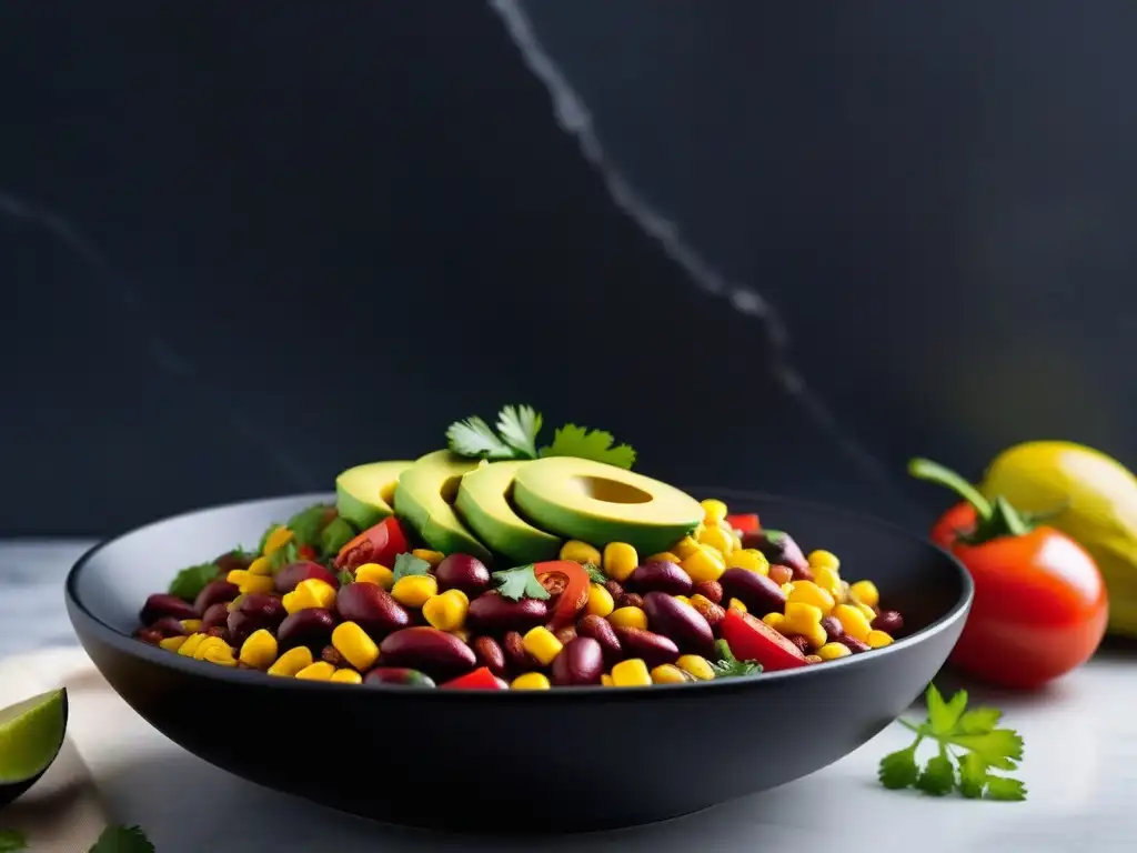 Un delicioso bol vegano picante con frijoles rojos, maíz amarillo, aguacate, tomate, chiles y cilantro, en una cocina urbana