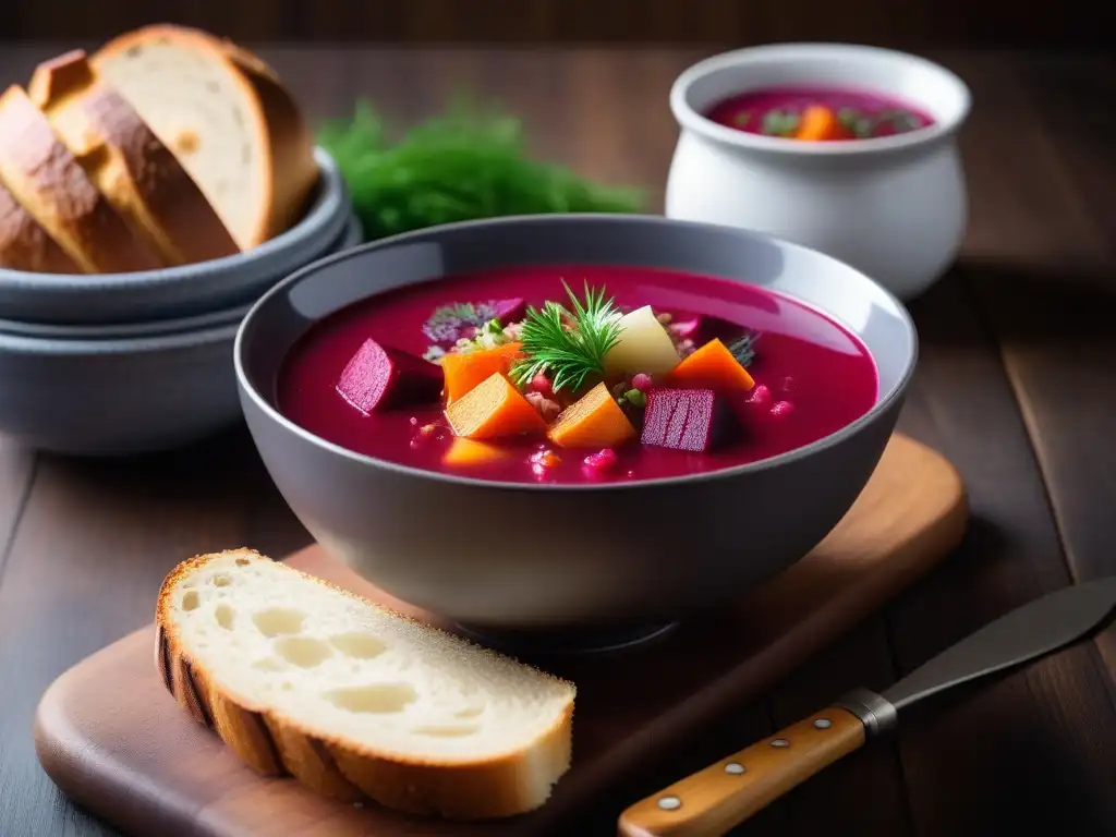 Un delicioso Borsch vegano lleno de color y sabor, presentado en una mesa de madera moderna