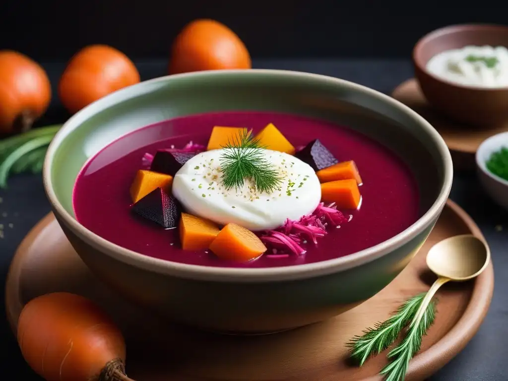 Delicioso borscht vegano con verduras coloridas en caldo de remolacha