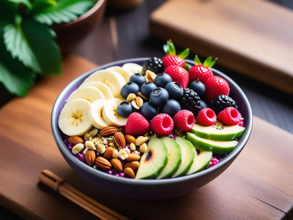 Delicioso bowl de açaí con bayas frescas, frutos secos y coco en una mesa rústica, ideal para desayunos veganos para deportistas