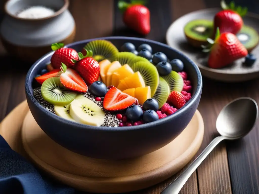 Delicioso bowl de açai con frutas frescas y semillas, ideal para veganos