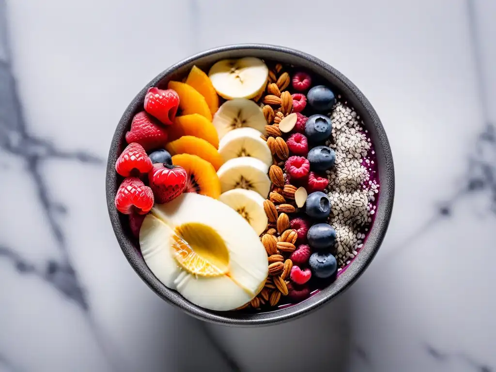 Delicioso bowl de açai con frutas frescas y semillas de chía, sobre mármol iluminado naturalmente