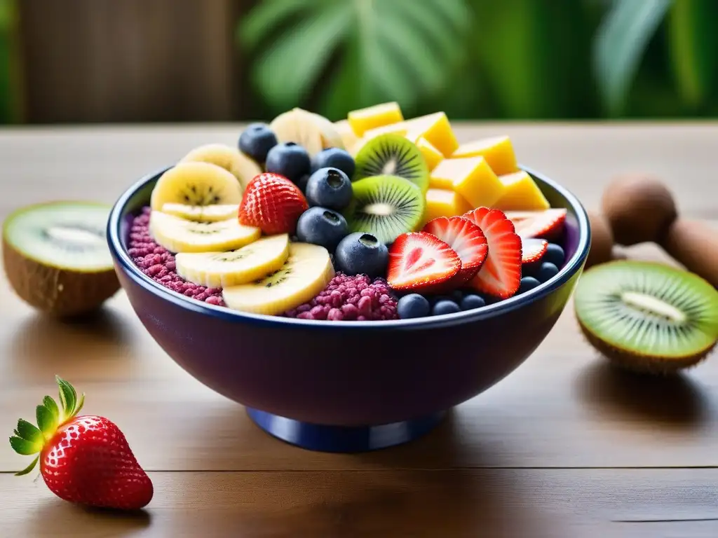 Un delicioso bowl de açai con frutas frescas sobre una mesa de madera, iluminado por la suave luz natural