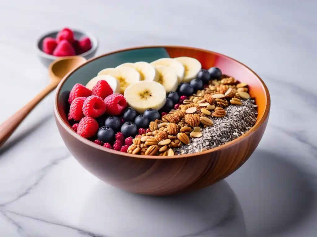 Un delicioso bowl de açai con frutas frescas, coco, semillas de chía y granola en una mesa de mármol