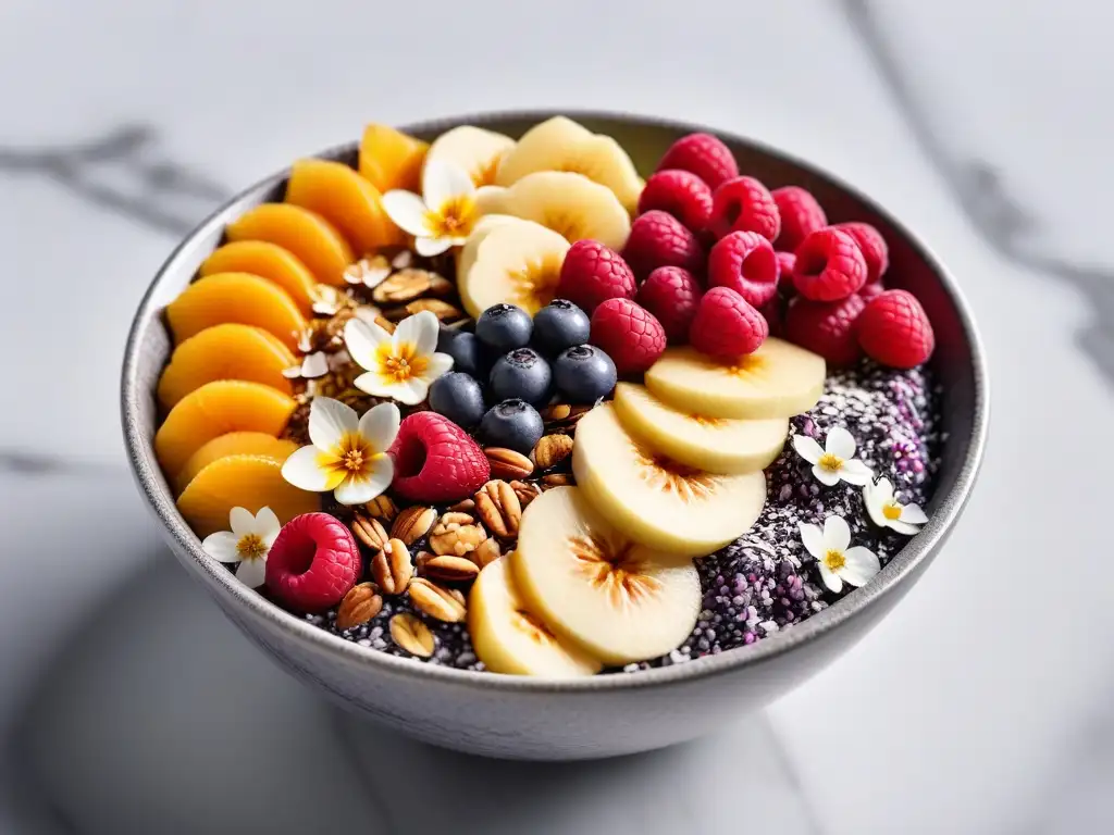 Delicioso bowl de açaí vegano rodeado de ingredientes frescos y coloridos, en un elegante mostrador de mármol blanco