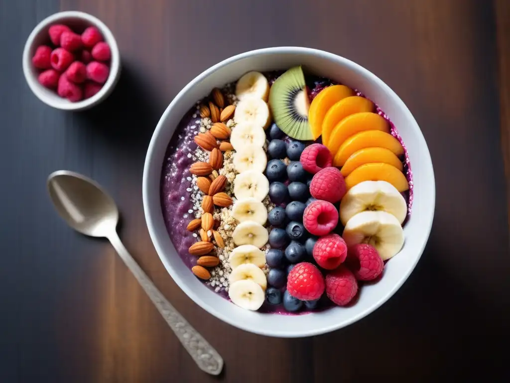 Un delicioso bowl de açaí vegano sin aceite, con frutas frescas, semillas de chía y jarabe de agave en una mesa de madera rústica