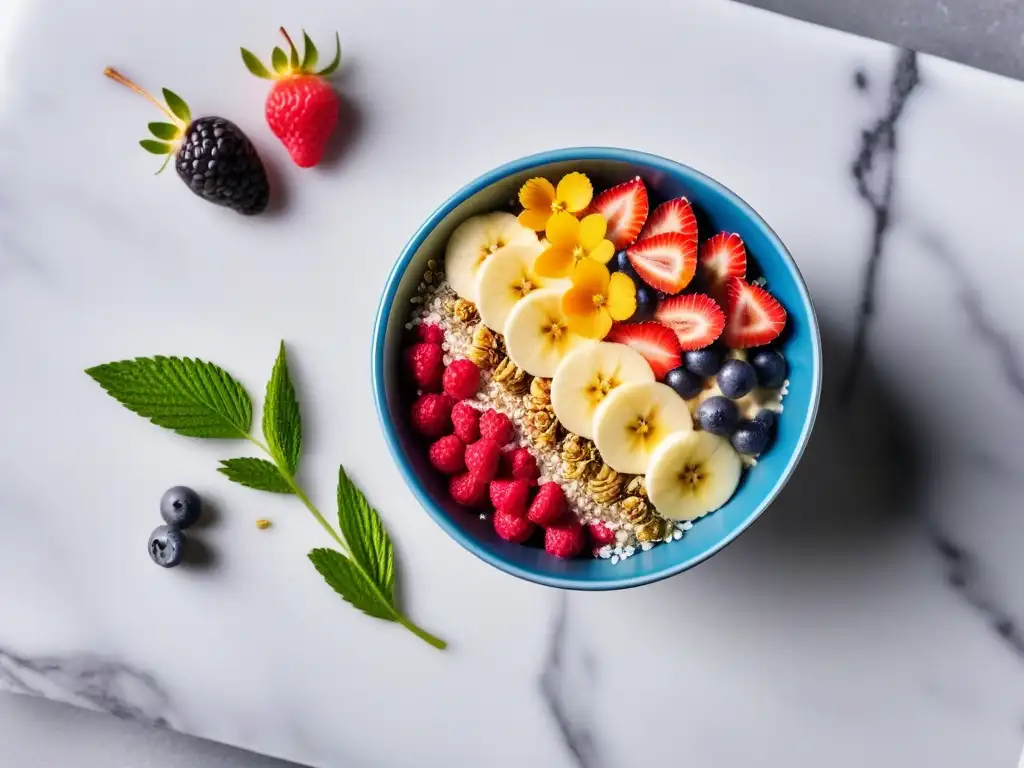 Un delicioso bowl de açaí vegano con superfoods, exquisitamente decorado en una encimera de mármol