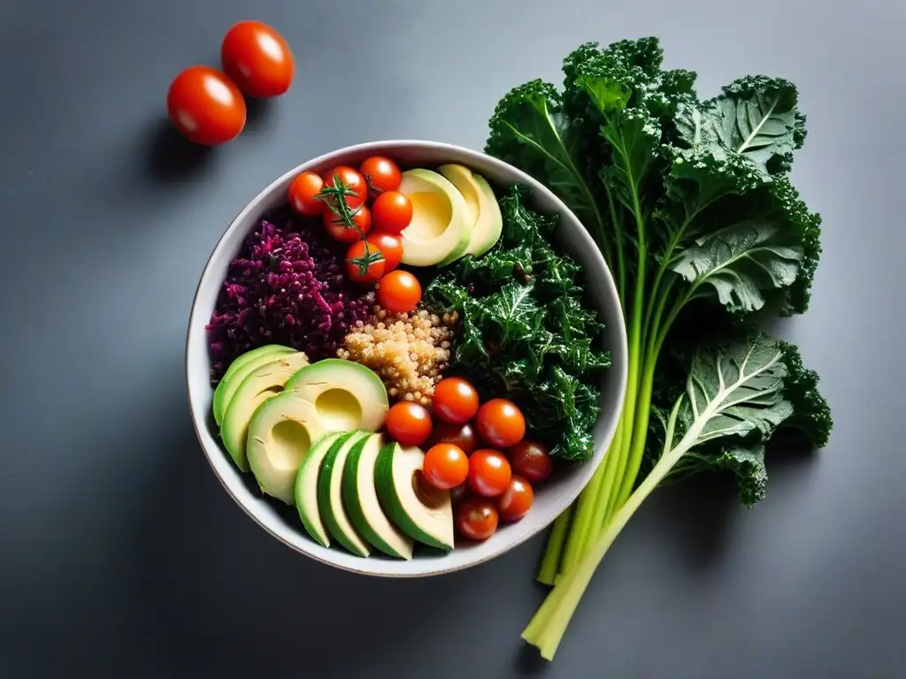 Un delicioso bowl de ensalada de kale con tomates cherry, aguacate, quinoa y aderezo balsámico, ideal para recetas con kale vegano deliciosas