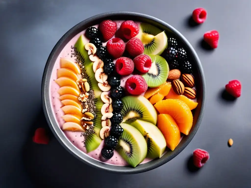 Delicioso bowl de smoothie vegano con semillas de chía, frutas frescas y Omega 3