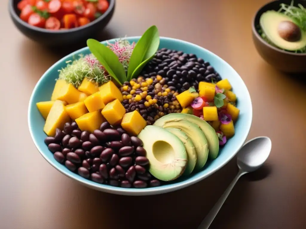 Delicioso bowl vegano caribeño vibrante, con plátanos, frijoles negros, aguacate, salsa de mango y quinua de coco